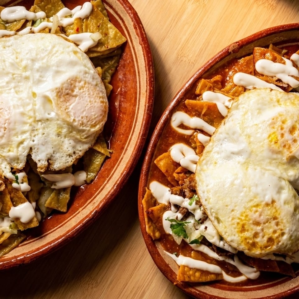 Two plates of chilaquiles, one green and one red, topped with fried eggs and crema.