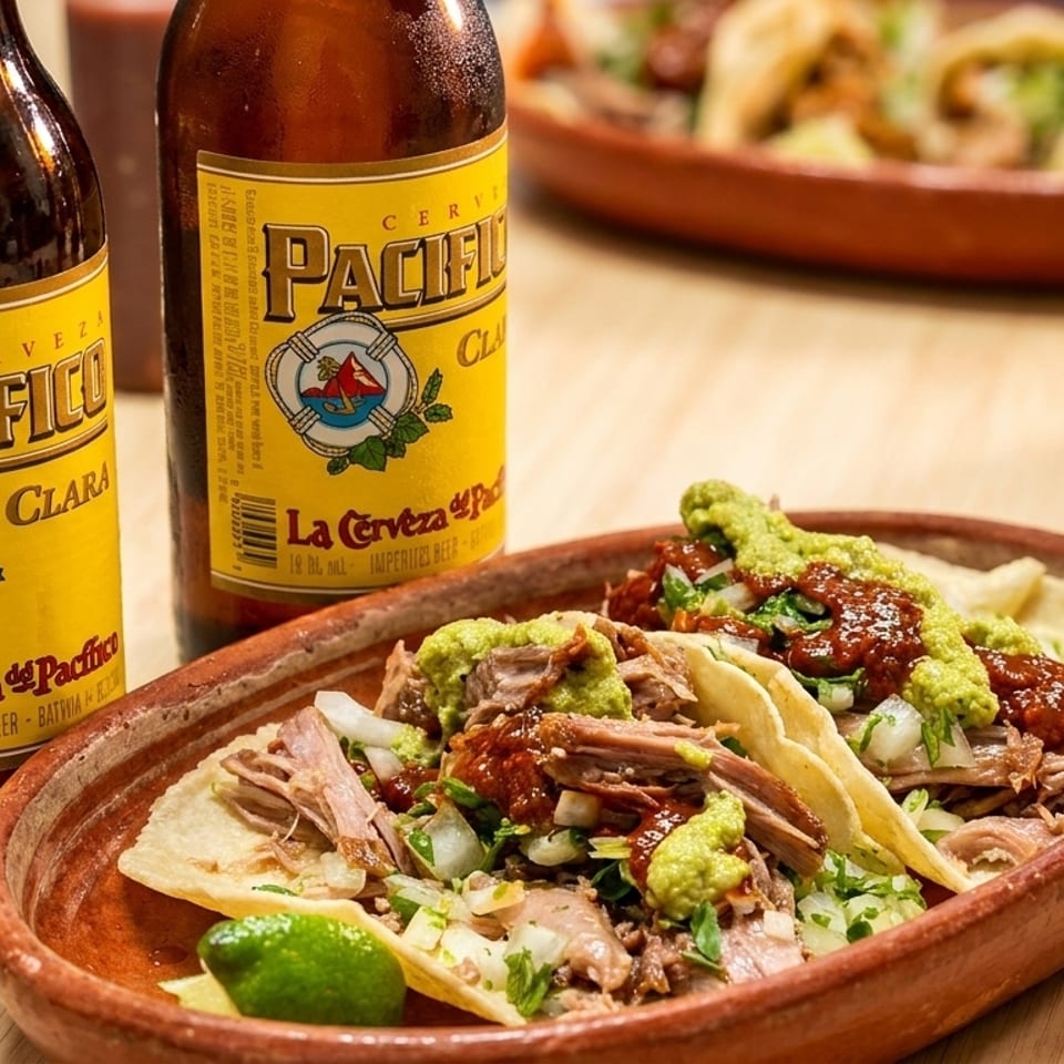 Two Pacifico Clara beers next to a plate of carnitas tacos with salsa and lime.