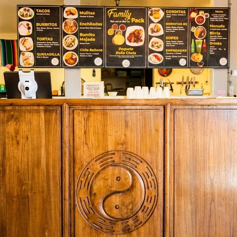 A wooden counter with a menu board displaying various Mexican dishes and a carved yin-yang symbol.
