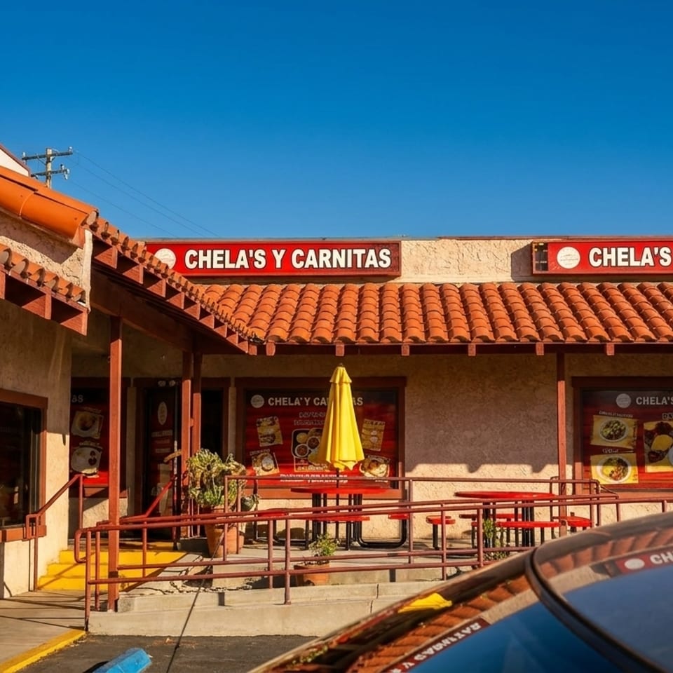 Exterior of Chela's y Carnitas restaurant with red tile roof, outdoor seating, and menu posters.